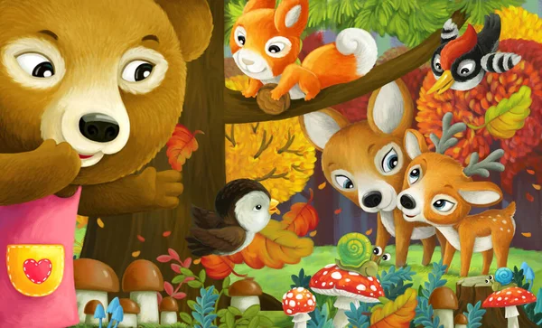 Rajzfilm Jelenet Különböző Erdei Állatok Barátok Szórakozás Erdőben Illusztráció — Stock Fotó