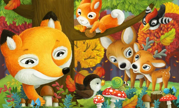 Cartoon Scene Different Forest Animals Friends Having Fun Forest Illustration — Stock Photo, Image