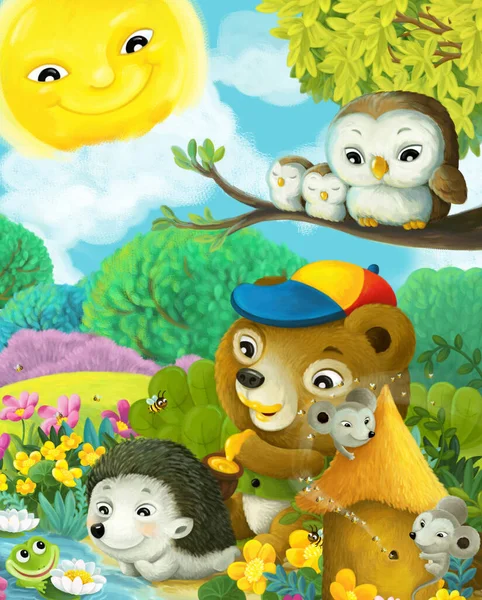 Kreskówka Scena Różnych Zwierząt Leśnych Przyjaciół Zabawy Razem Połowów Ilustracja — Zdjęcie stockowe