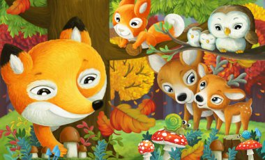 Farklı orman hayvanlarının olduğu çizgi film sahnesi. Arkadaşları orman resimlerinde eğleniyor.