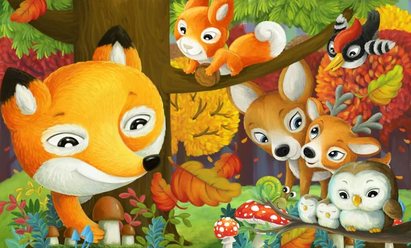 Farklı orman hayvanlarının olduğu çizgi film sahnesi. Arkadaşları orman resimlerinde eğleniyor.