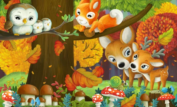 Zeichentrickszene Mit Verschiedenen Waldtierfreunden Die Spaß Wald Haben Illustration Für — Stockfoto