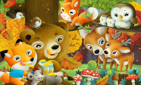 cartoon scene with different forest animals the forest eating honey illustration for children