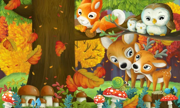 Zeichentrickszene Mit Verschiedenen Waldtierfreunden Die Spaß Wald Haben — Stockfoto