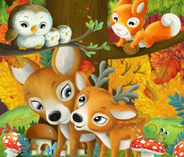 Farklı orman hayvanlarının olduğu çizgi film sahnesi. Arkadaşları orman resimlerinde eğleniyor.