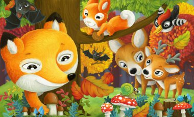 Çizgi film eğlence sahnesi. Ormandaki farklı orman hayvanlarının arkadaşları.