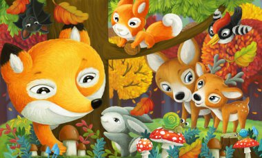 Çizgi film eğlence sahnesi. Ormandaki farklı orman hayvanlarının arkadaşları.