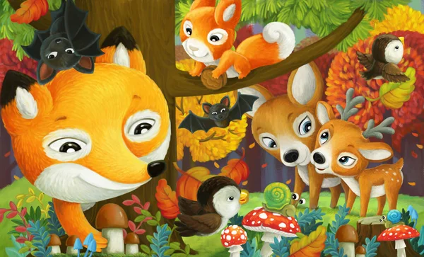 Dibujos Animados Divertido Escena Diferentes Animales Del Bosque Amigos Ilustración — Foto de Stock