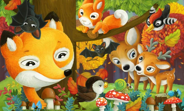 Karikatura Zábava Scéna Různé Lesní Zvířata Přátelé Lese Ilustrace — Stock fotografie