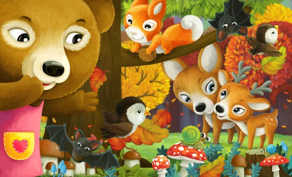 Karikatura Zábava Scéna Různé Lesní Zvířata Přátelé Lese Ilustrace — Stock fotografie