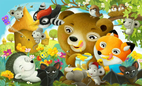 Γελοιογραφία Διασκέδαση Σκηνή Διάφορα Ζώα Του Δάσους Φίλους Στην Απεικόνιση — Φωτογραφία Αρχείου