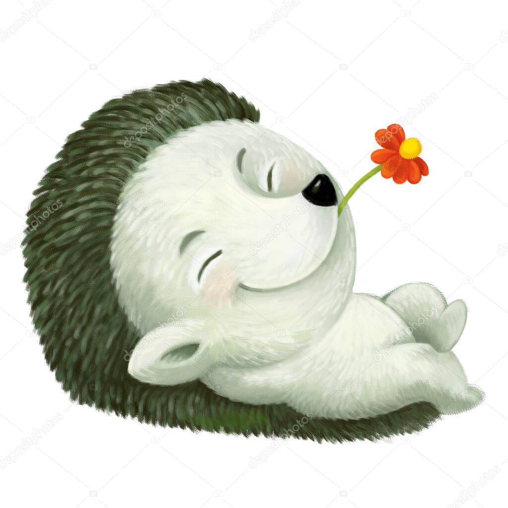 cartoon scene with happy hedgehog lying down resting and smiling on white background illustration for children
