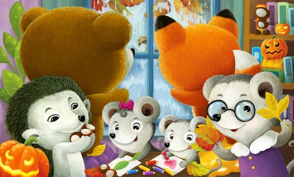 cartoon scene with happy animals in the house or kindergarten illustration for children