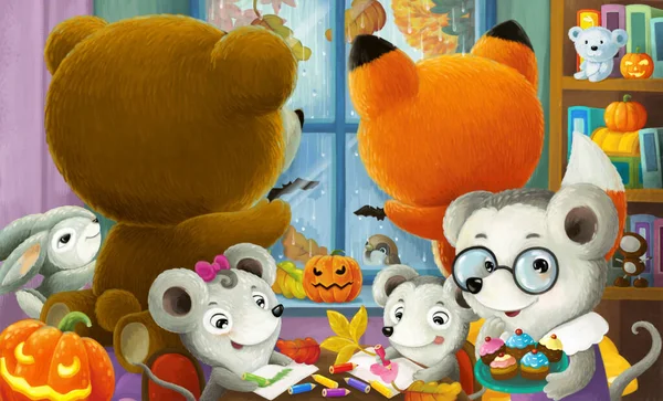 cartoon scene with happy animals in the house or kindergarten with halloween pumpkin illustration for children
