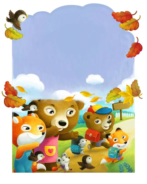 cartoon scene with forest animals parents sending kids to school illustration for children