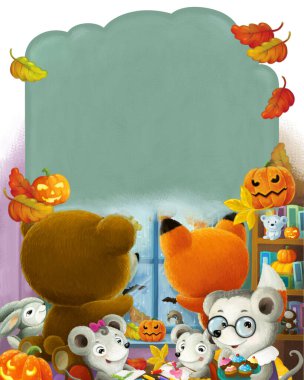 Anaokulunda çocuklar için Cadılar Bayramı balkabağı resimli mutlu hayvanların olduğu karikatür sahnesi