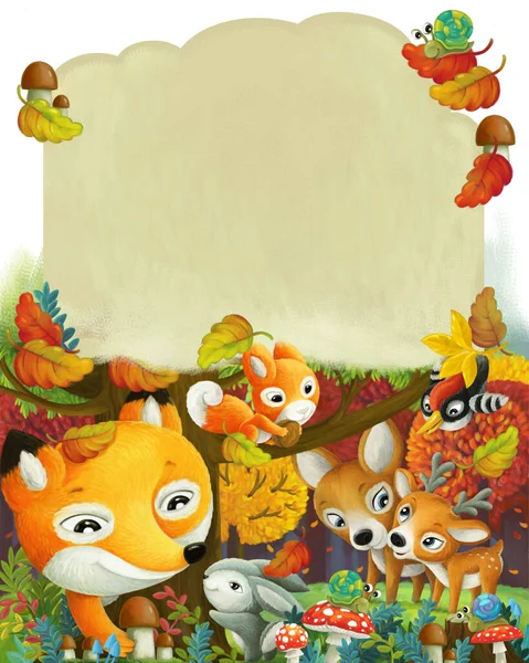 Kreslené Scény Různé Lesní Zvířata Přátelé Během Podzimu Lese Ilustrace — Stock fotografie