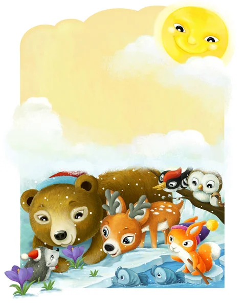 cartoon scene with forest animal friends near frozen water illustration for children