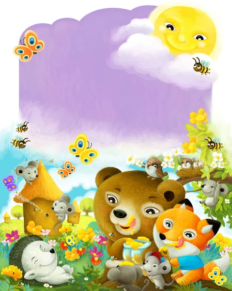 cartoon scene different forest animals friends in forest eating honey near hive illustration for children