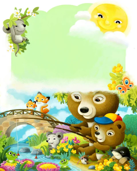 cartoon fun scene animals friends and family in forest illustration for children