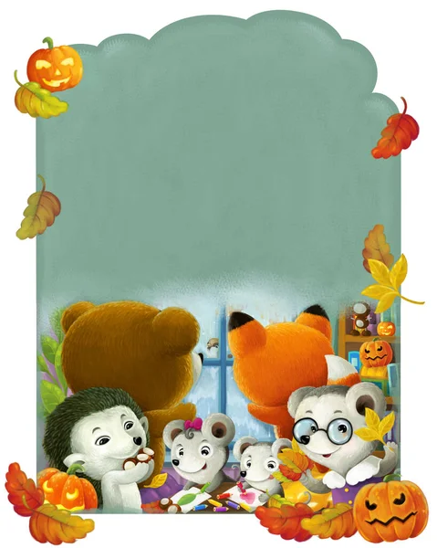 cartoon scene with happy animals in kindergarten with halloween pumpkin illustration for children