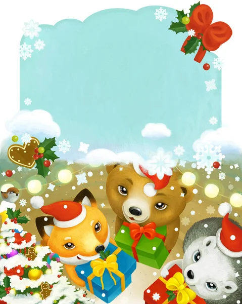 卡通片圣诞场景 森林动物在树旁 并附有儿童玩具 — 图库照片