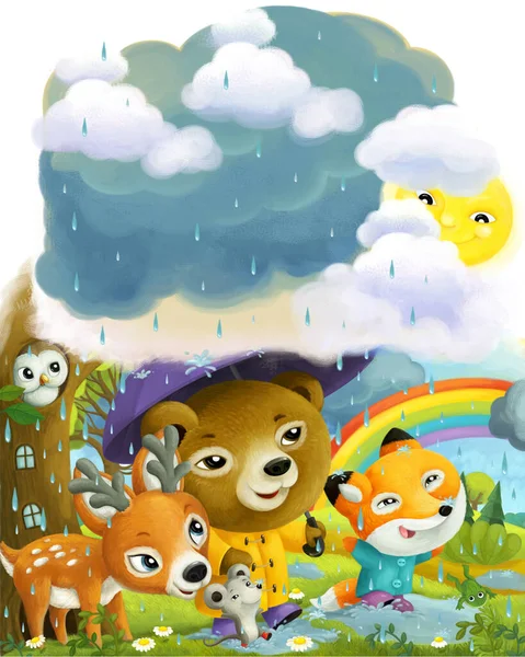 与森林动物朋友在雨中散步的卡通片场景在森林里为孩子们作画 — 图库照片
