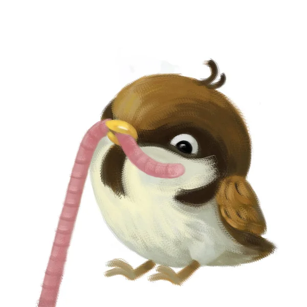 cartoon scene with bird eating worm on white background illustration for children