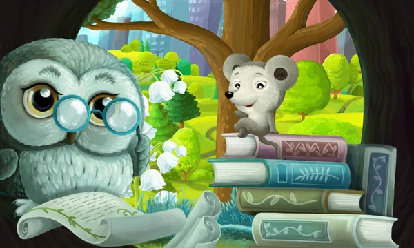 cartoon scene with wise owl in its tree house learning reading books near the city - illustration for children