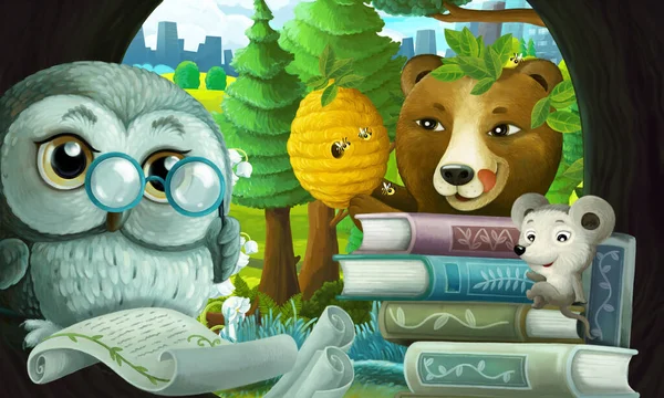 cartoon scene with wise owl in its tree house learning from books near the city - illustration for children