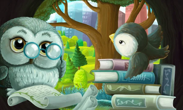 cartoon scene with wise owl in its tree house learning reading books near the city - illustration for children