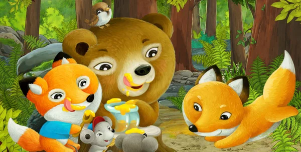 Scena Kreskówki Przyjaznym Zwierzęciem Lesie Ilustracja Dla Dzieci — Zdjęcie stockowe