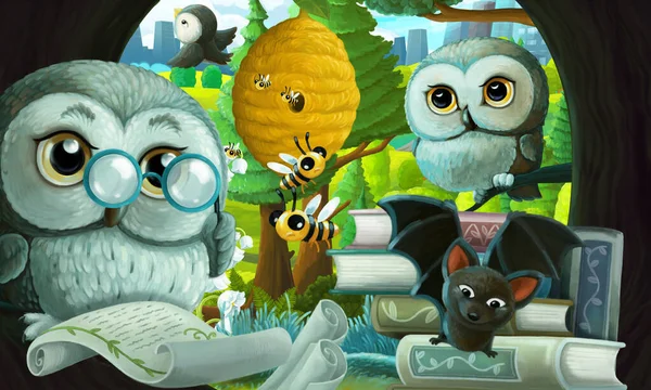 cartoon scene with wise owl in its tree house learning from books near the city - illustration for children