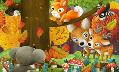 Orman hayvanları arkadaşlarıyla çizgi film sahnesi. Orman illüstrasyonunda eğleniyorlar.