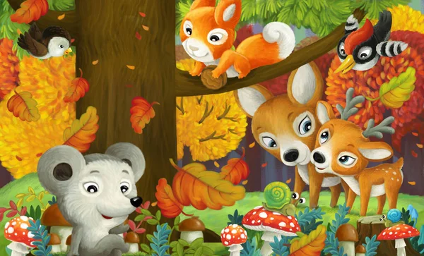 Rajzfilm Jelenet Erdei Állatok Barátok Szórakozás Erdőben Illusztráció — Stock Fotó