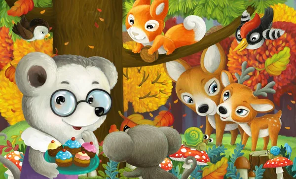 Kreslené Scény Lesními Zvířaty Přátelé Baví Lese Ilustrace — Stock fotografie