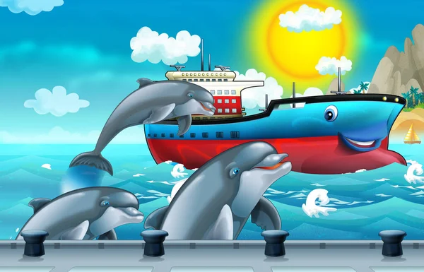 Cartoon scene with dolphins and ship sailing into the port - illustration for children