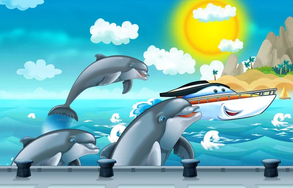 Escena Dibujos Animados Con Delfines Barcos Navegando Hacia Puerto Ilustración —  Fotos de Stock
