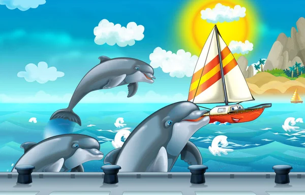 Cartoon Scene Dolphins Ship Sailing Port Illustration Children — Stock Photo, Image