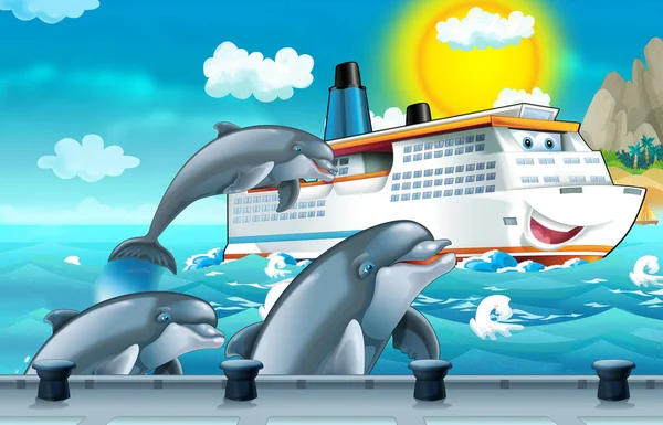 Cartoon Scene Dolphins Ship Sailing Port Illustration Children — Stock Photo, Image