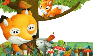 Orman hayvanları arkadaşlarıyla çizgi film sahnesi. Çocuklar için beyaz arka planda eğleniyorlar.