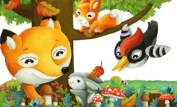 Escena Dibujos Animados Con Animales Del Bosque Amigos Divirtiéndose Bosque —  Fotos de Stock