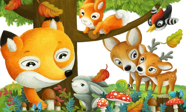 cartoon scene with forest animals friends having fun in the forest on white background illustration for children