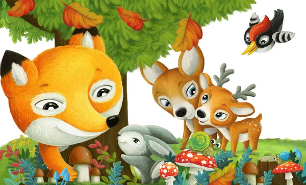 cartoon scene with forest animals friends having fun in the forest on white background illustration for children