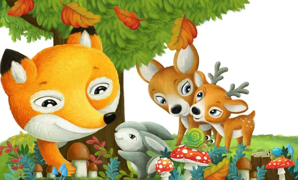 森の動物の友達と森の中で遊んでいる漫画のシーン子供のための白い背景イラスト — ストック写真