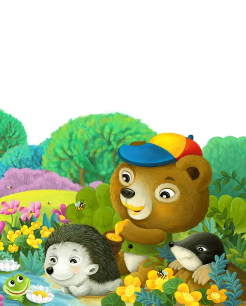 cartoon scene with bear eating honey with hedgehog and mole illustration for children