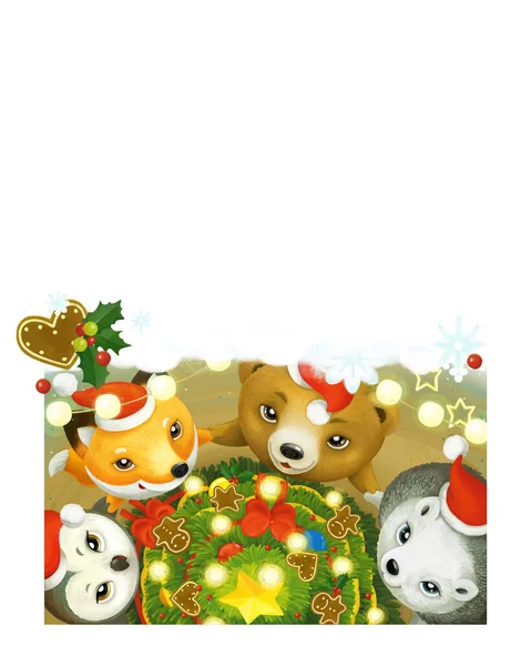 木々の近くの森の動物と陽気な漫画のクリスマスシーン子供たちのためのプレゼントイラスト — ストック写真