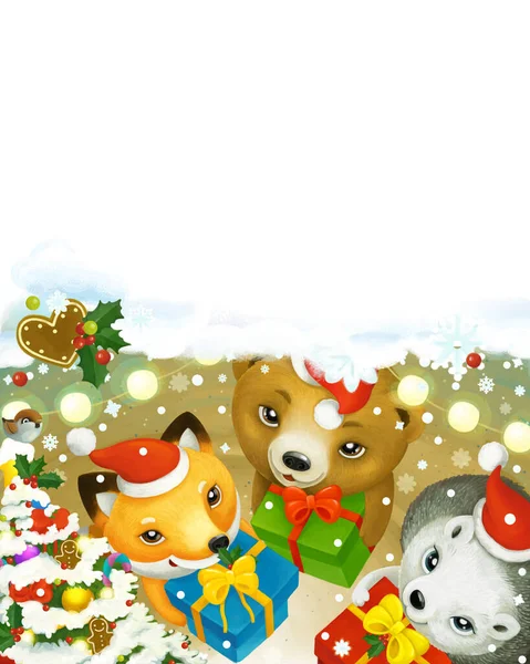 Alegre Escena Navidad Dibujos Animados Con Animales Del Bosque Cerca —  Fotos de Stock