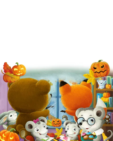 cheerful cartoon scene with happy animals in kindergarten with halloween pumpkin illustration for children