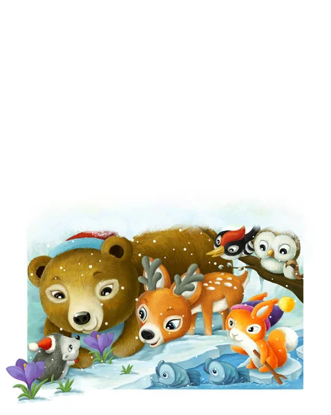 Cheerful Cartoon Scene Forest Animal Friends Frozen Water Illustration Children — Fotografia de Stock